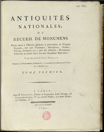 Antiquités nationales ou recueil de monumens. Tome 1