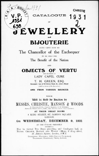 Catalogue of jewellery and bijouterie, being gifts sent to the Chancellor of the Exchequer […] : [vente du 9 décembre 1931]