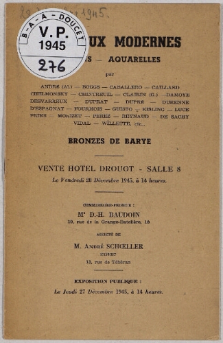Tableaux modernes, dessins, aquarelles [...] bronzes de Barye : [vente du 28 décembre 1945]