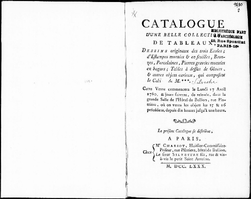 Catalogue d’une belle collection de tableaux, dessins originaux des trois écoles [...] : [vente du 17 avril 1780]