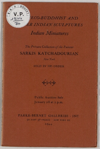 Private collection of the painter Sarkis Katchadourian [...], Graeco-buddhist and other Indian sculptures : [vente du 28 janvier 1944]