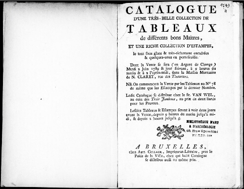 Catalogue d’une très-belle collection de tableaux de différents bons maîtres, et une riche collection d’estampes [...] : [vente du 2 juin 1789]