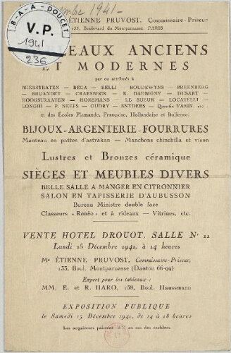 Tableaux anciens et modernes [...] : [vente du 15 décembre 1941]