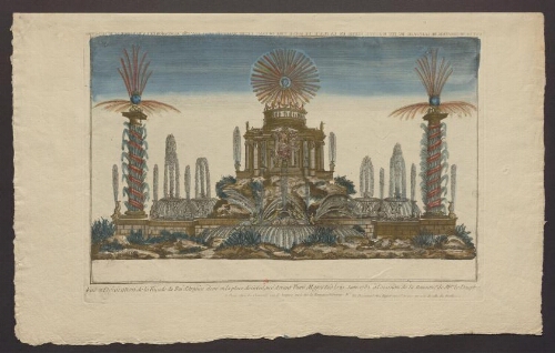 Vue et décoration de la façade du feu d'artifice élevé en la place de Grêve, tiré devant leurs Majestés le 21 janvier 1782 [...]