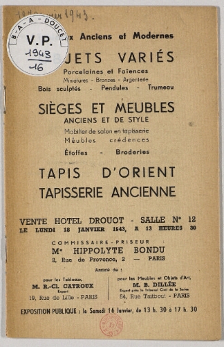 Tableaux anciens et modernes [...] : [vente du 18 janvier 1943]