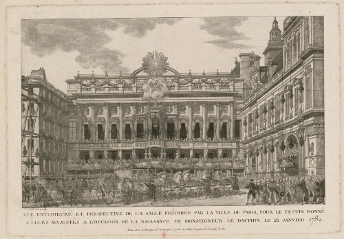 Vue exterieure et perspective de la salle préparée par la ville de Paris, pour le festin donné à leurs majestés à l'occasion de la naissance de monseigneur le dauphin le 21 janvier 1782