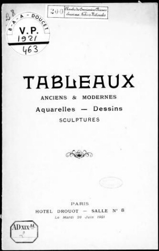 Tableaux anciens et modernes, aquarelles, dessins, sculptures : [vente du 28 juin 1921]
