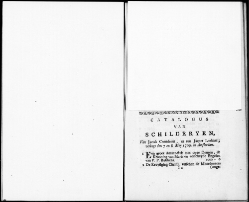 Catalogus van Schilderyen van Jacob Cromhout en van Jasper Loskart [...] : [vente du 7 et 8 mai 1709]