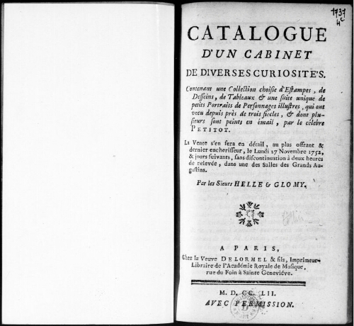 Catalogue d'un cabinet de diverses curiosités [...] : [vente du 27 novembre 1752]