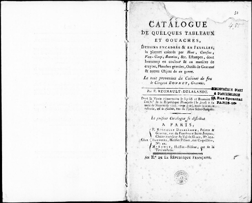 Catalogue de quelques tableaux et gouaches, dessins encadrés et en feuilles [...] : [vente du 7 novembre 1793]