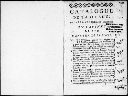 Catalogue de tableaux, bronzes, marbres et dessins du cabinet de feu Monsieur de la Haye : [vente de 1754]
