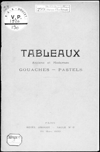 Tableaux anciens et modernes, gouaches, pastels [...] : [vente du 24 mars 1920]