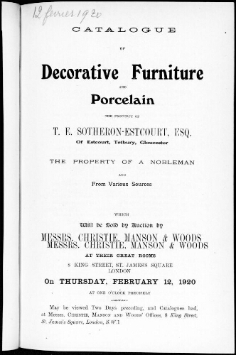 Catalogue of Decorative Furniture and Porcelain [...] : [vente du 12 février 1920]