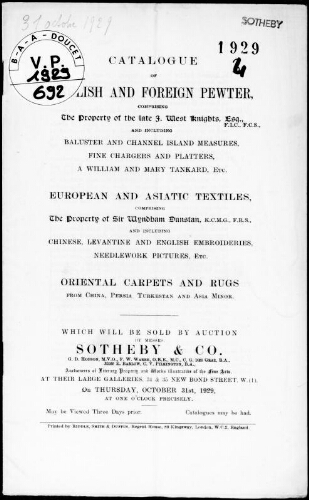 Catalogue of English and foreign pewter, comprising the property of the late J. West Knights [...] : [vente du 31 octobre 1929]