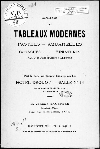 Catalogue des tableaux modernes, pastels, aquarelles, gouaches, miniatures, par une association d'artistes [...] : [vente du 6 février 1924]