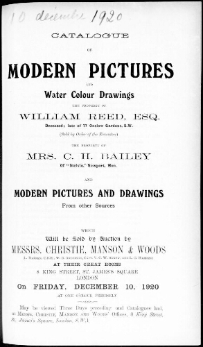 Catalogue of Modern Pictures and Water Colour Drawings the Property of William Reed, Esq. [...] : [vente du 10 décembre 1920]