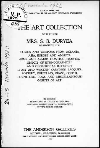 The art collection of the late Mrs. S. B. Duryea, of Brooklyn, N. Y. : [vente des 24 et 25 novembre 1922]