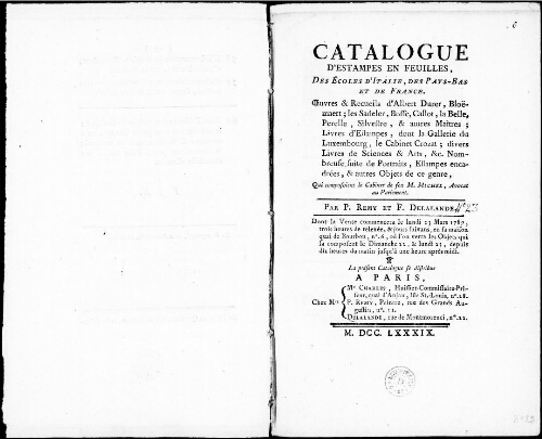 Catalogue d’estampes en feuilles, des écoles d’Italie, des Pays-Bas et de France [...] : [vente du 23 mars 1789]