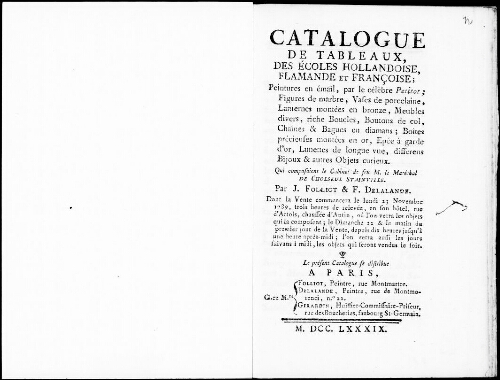 Catalogue de tableaux des écoles hollandaise, flamande et française [...] : [vente du 23 novembre 1789]