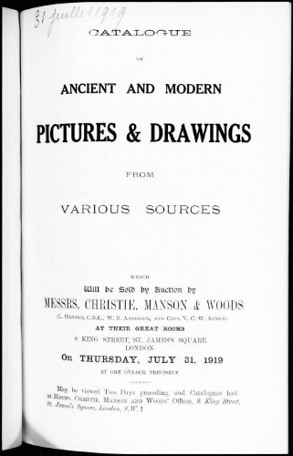 Catalogue of ancient and modern pictures and drawings [...] : [vente du 31 juillet 1919]