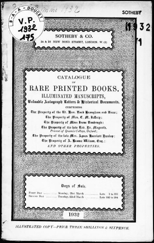 Catalogue of rare printed books [...] comprising the property of the Right Honourable Lord Brougham and Vaux [...] : [vente des 21 et 22 mars 1932]