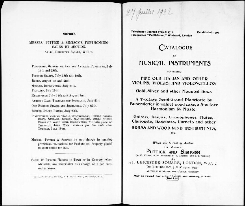 Catalogue of musical instruments comprising fine old Italian and other violins, violas, and violoncellos [...] : [vente du 27 juillet 1922]