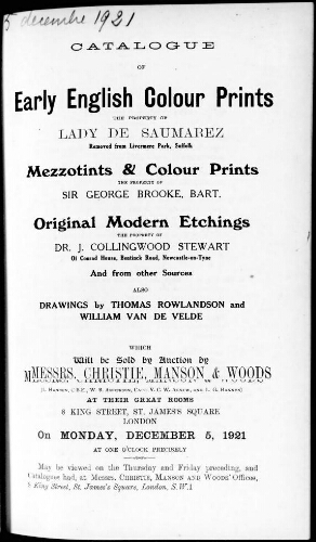 Catalogue of early English colour prints, the property of Lady de Saumarez [...] : [vente du 5 décembre 1921]