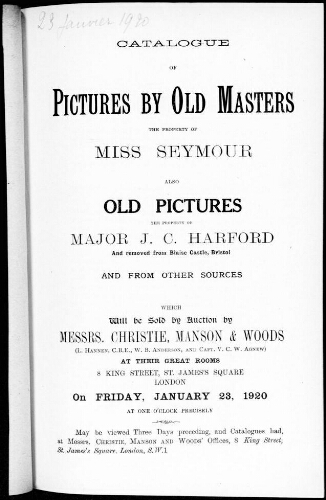 Catalogue of pictures by old masters the property of Miss Seymour [...] : [vente du 23 janvier 1920]