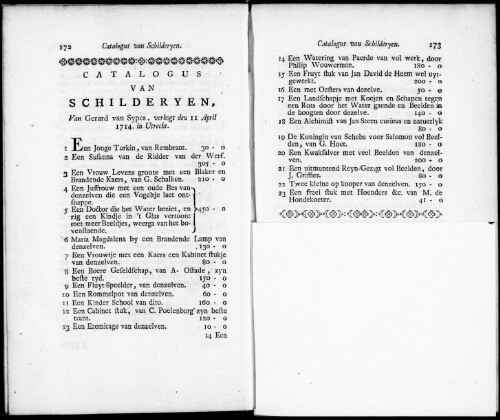 Catalogus van Schilderyen van Gerard van Sypes [...] : [vente du 11 avril 1714]