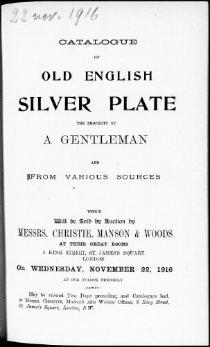 Catalogue of old English silver plate […] : [vente du 22 novembre 1916]