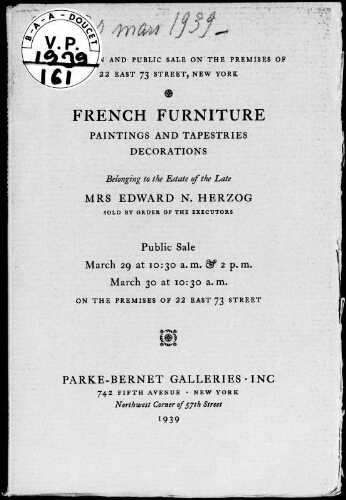 French period furniture, Brussels and Aubusson tapestries […] : [vente des 29 et 30 mars 1939]