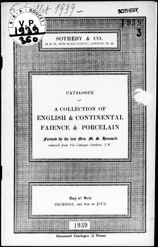 Catalogue of a collection of English and continental faience and porcelain [...] : [vente du 6 juillet 1939]