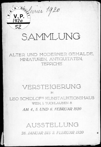 Sammlung, Alter Und Moderner Gemalde, Miniaturen, Antiquitaten, Teppiche : [vente du 4 au 6 février 1920]