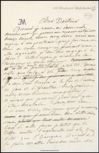 Brouillon de lettre de Jean-Louis-Ernest Meissonier à un docteur, [s.d.]
