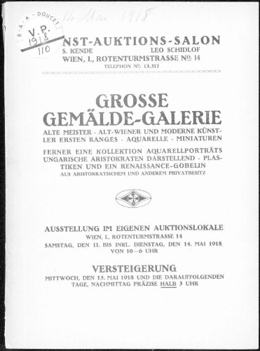 Grosse Gemäldegalerie alte Meister, alt-Wiener und moderne Künstler ersten Ranges, Aquarelle, Miniaturen […] : [vente du 15 mai 1918]
