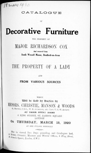 Catalogue of decorative furniture [...] : [vente du 18 mars 1920]