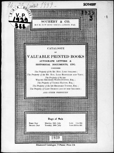 Catalogue of valuable printed books, autograph letters and historical documents, etc. [...] : [vente du 24 juillet 1939]