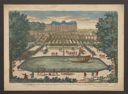 Vue et perspective de la grande pièce d'eau et de l'orangerie du château de Meudon
