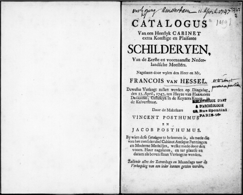 Catalogus van een Heerlyk Cabinet extra Konstige en Plaisante Schilderyen [...] : [vente du 11 avril 1747]