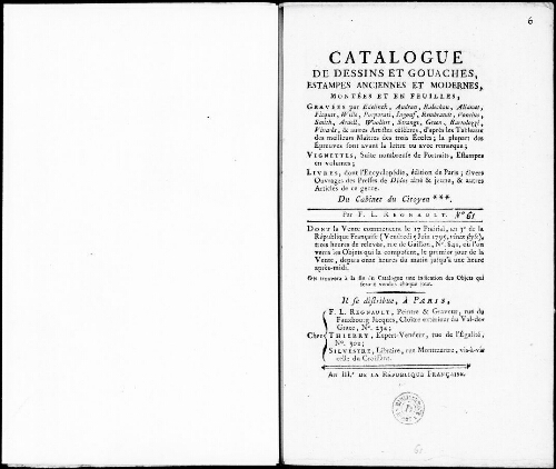 Catalogue de dessins et gouaches, estampes anciennes et modernes [...] : [vente du 5 juin 1795]
