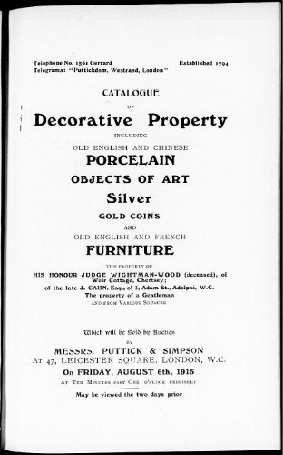 Catalogue of decorative property including old English and Chinese porcelain […] : [vente du 6 août 1915]