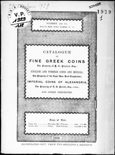 Catalogue of coins and medals comprising fine Greek coins, the property of B. C. Prichard [...] : [vente des 21 et 22 février 1929]
