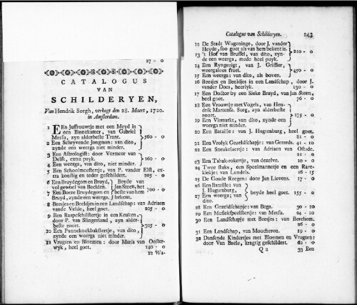 Catalogus van Schilderyen van Hendrik Sorgh [...] : [vente du 28 mars 1720]