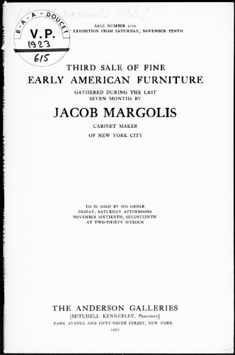 Third sale of fine early American furniture gathered during the last seven months by Jacob Margolis [...] : [vente des 16 et 17 novembre 1923]