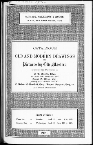 Catalogue of old and modern drawings and pictures by old masters, including the properties of G. H. Anson, Esq. [...] : [vente des 17 et 18 avril 1923]