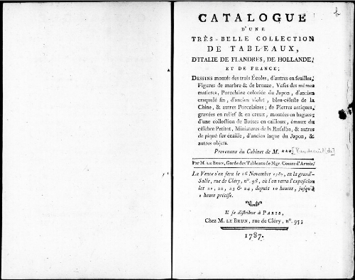 Catalogue d'une très belle collection de tableaux, d'Italie, de Flandres, de Hollande, et de France [...] : [vente du 26 novembre 1787]