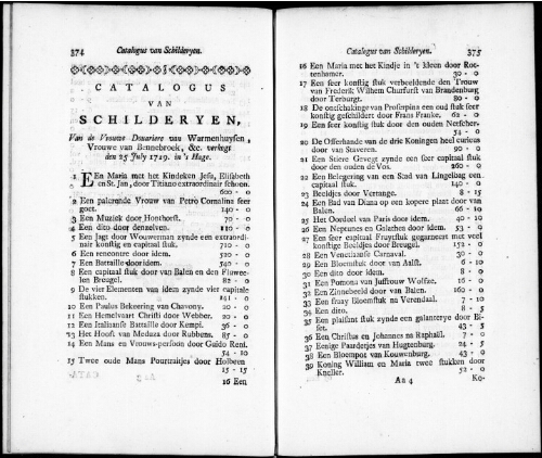 Catalogus van Schilderyen van de Vrouwe Douariere van Warmenhuysen [...] : [vente du 25 juillet 1719]