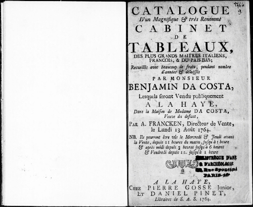 Catalogue d'un magnifique et très renommé cabinet de tableaux des plus grands maîtres italiens, français et du Pays-Bas [...] : [vente du 13 août 1764]