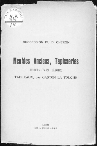Catalogue de six tableaux par Gaston La Touche, beaux bijoux, objets d'art et d'ameublement anciens [...] : [vente du 4 juin 1919]