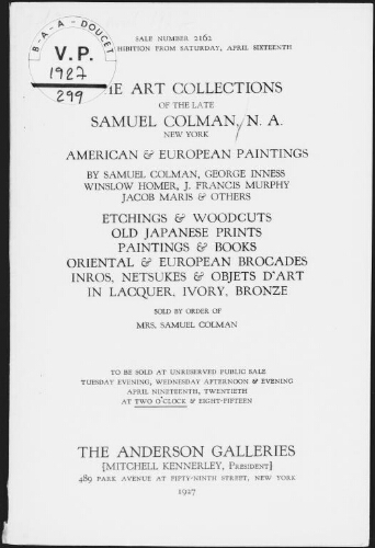 Art collection of the late Samuel Colman [...] : [vente des 19 et 20 avril 1927]